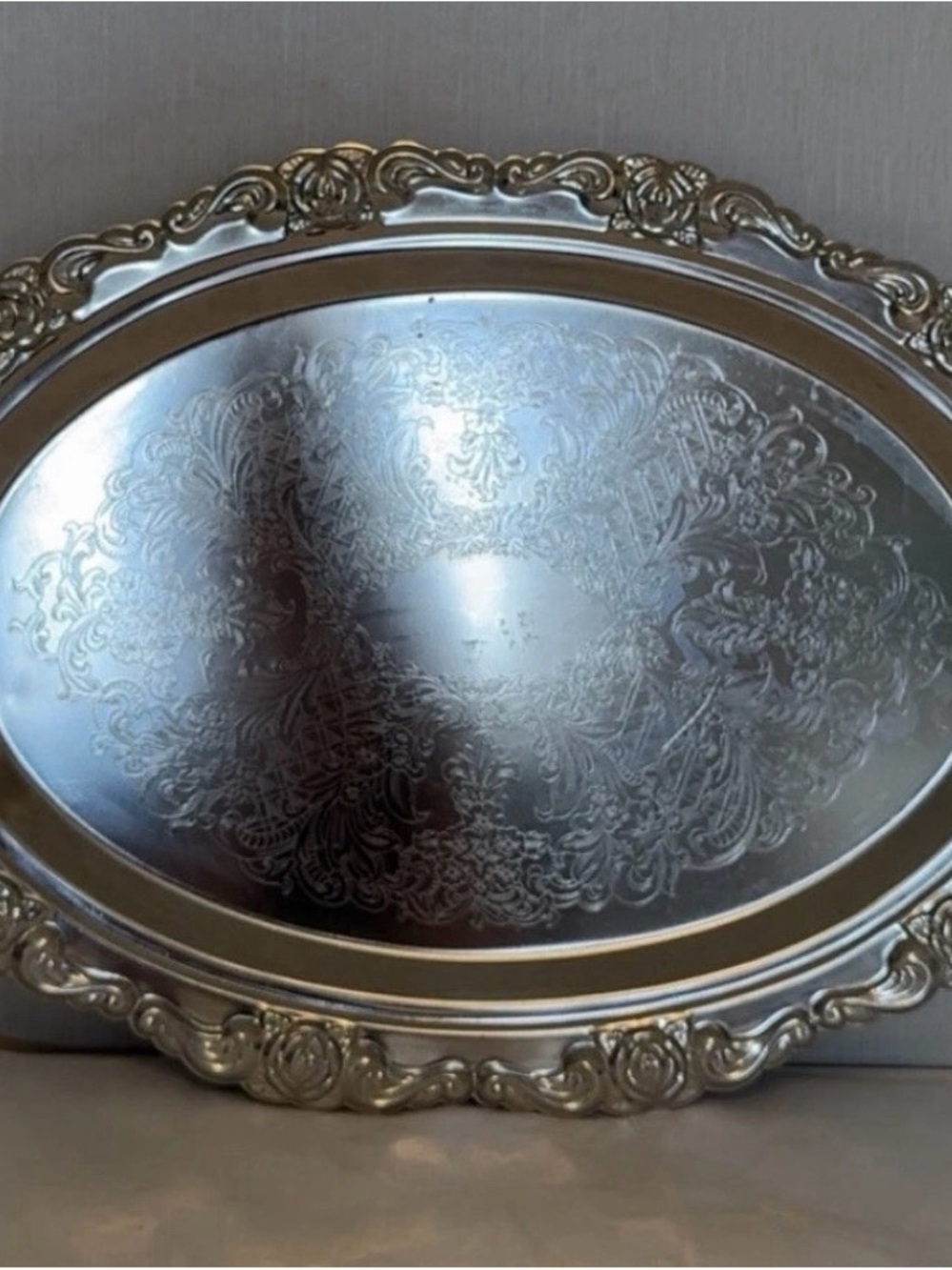 Vintage Baroque Wallace Silver Plate Oval Serving Tray Ornate Handled Platter